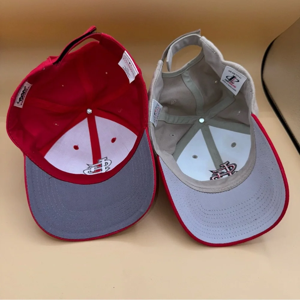 Two St. Louis Cardinals Red/White, Taupe/Red Baseball Caps, MLB,‎ EUC